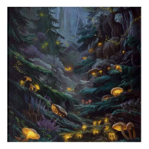 Mystical Forest with Mushrooms and Fireflies Acrylic Print