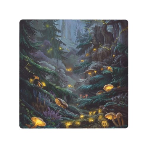 Mystical Forest with Mushrooms and Fireflies Metal Print