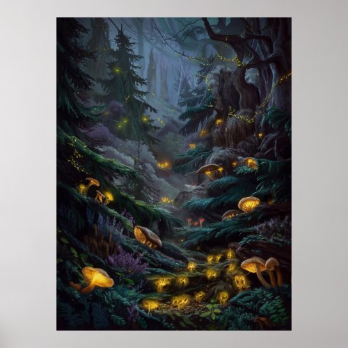 Mystical Forest with Mushrooms and Fireflies Poster