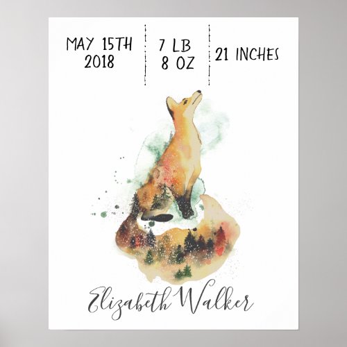 mystical fox baby birth monogram poster