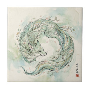 Mystical Fox Dragon Watercolor Art (1) Ceramic Tile