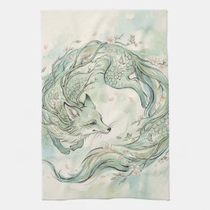 Mystical Fox Dragon Watercolor Art (1) Kitchen Towel