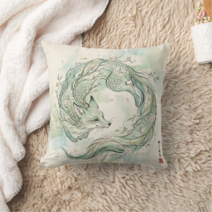 Mystical Fox Dragon Watercolor Art (1) Throw Pillow