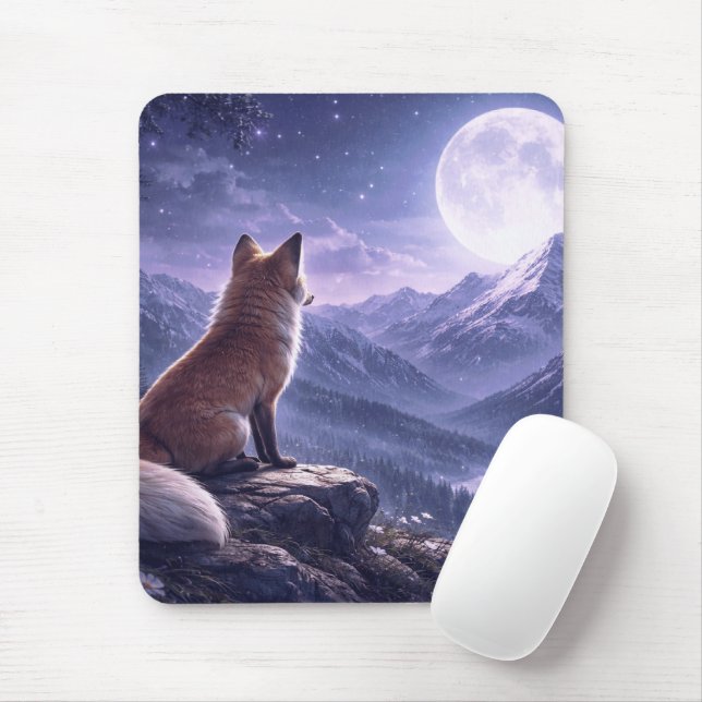Mystical Fox & Giant Moon Snowy Mountain Peaks Mouse Pad (With Mouse)