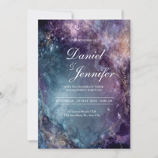 Mystical Galaxy Watercolor Celestial Wedding Invitation (Front)