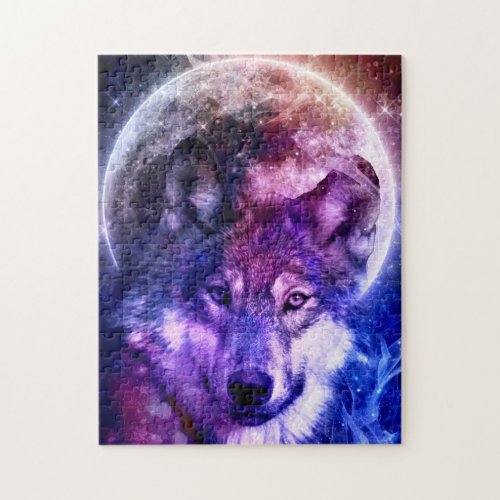 Mystical Galaxy Wolf Face with Full Moon  Jigsaw Puzzle