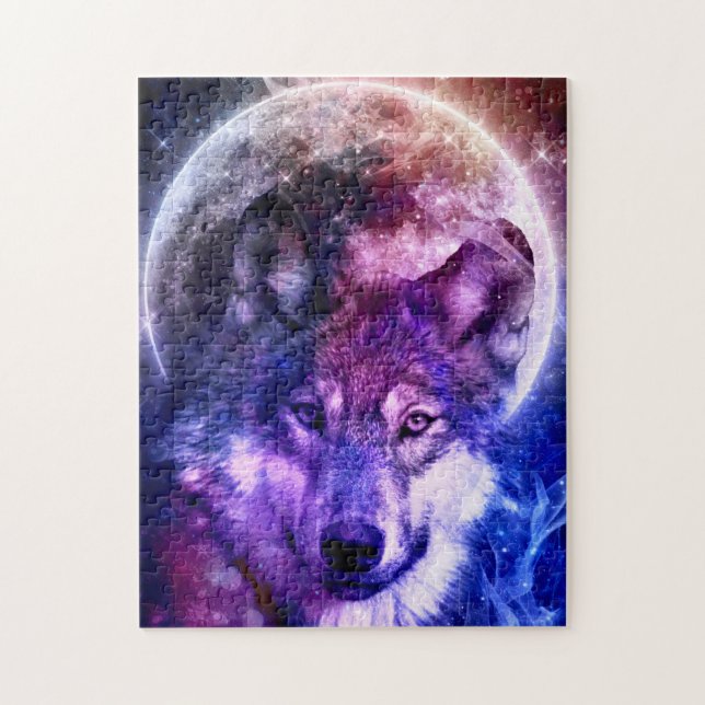 Mystical Galaxy Wolf Face with Full Moon  Jigsaw Puzzle (Vertical)