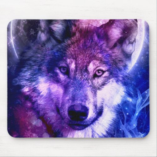 Mystical Galaxy Wolf Face with Full Moon  Mouse Pad