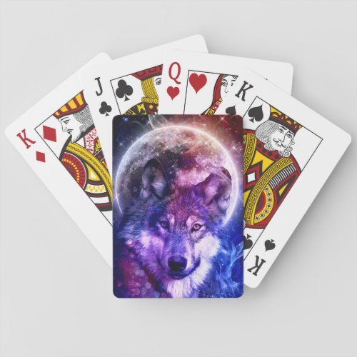 Mystical Galaxy Wolf Face with Full Moon  Playing Cards