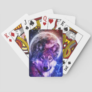Mystical Galaxy Wolf Face with Full Moon Poker Cards