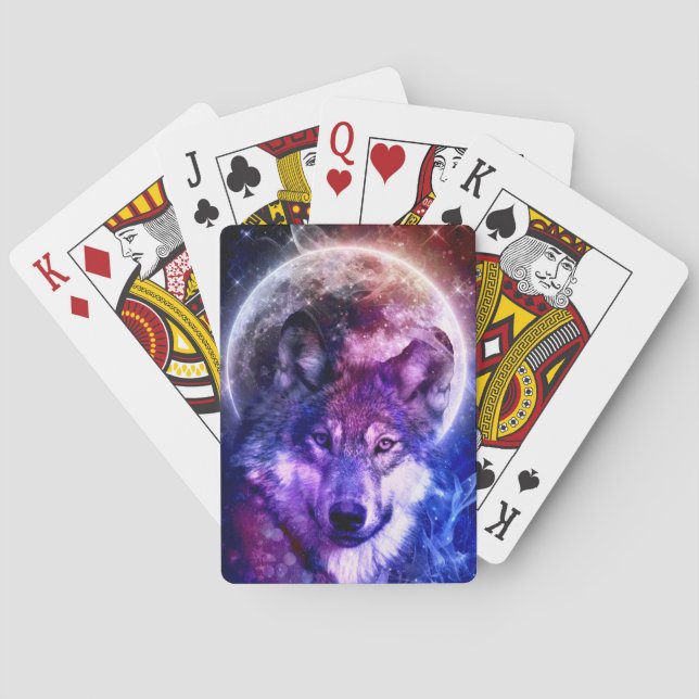 Mystical Galaxy Wolf Face with Full Moon  Poker Cards (Back)