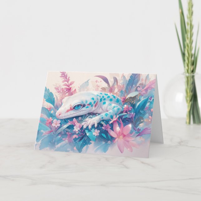 Mystical Gecko Among Vibrant Blossoms Card (Front)