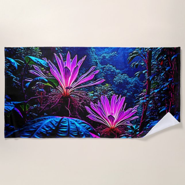 Mystical Glowing Jungle Bloom Design Beach Towel (Front)