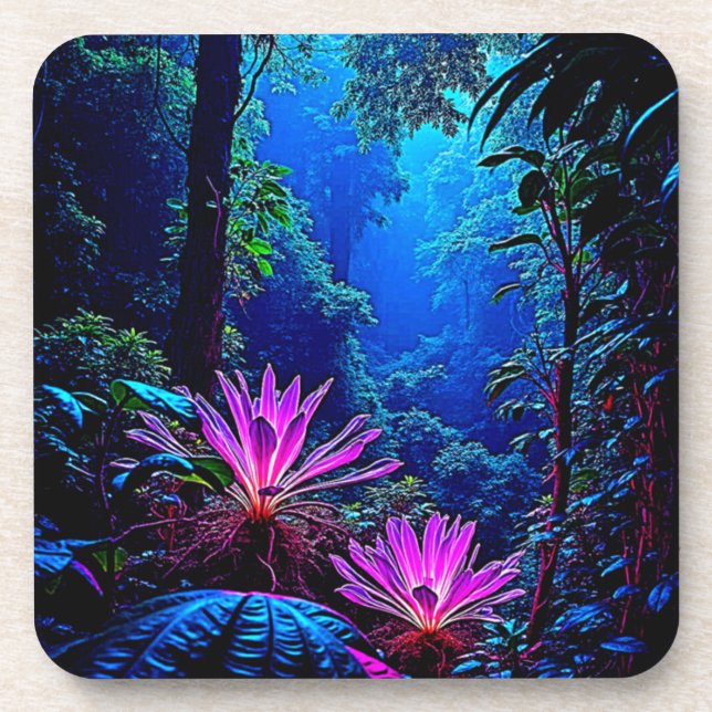 Mystical Glowing Jungle Bloom Design Beverage Coaster (Front)