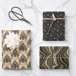 Mystical Gold Black Stars Marble All Occasion Wrapping Paper Sheets