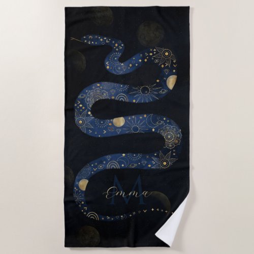 Mystical Gold Blue Serpent Galaxy Design Beach Towel