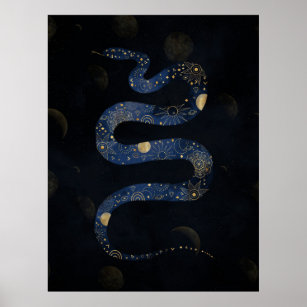 Mystical Gold Blue Serpent Galaxy Design  Poster