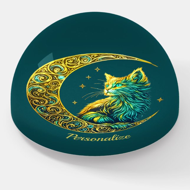 Mystical Gold Cat on Moon Celestial Green Paperweight (Angled)