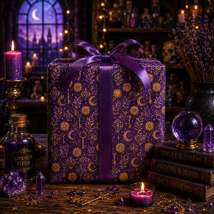 Mystical Gold Crystal Moon Key Deep Purple Wrapping Paper