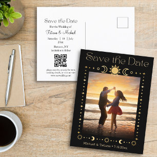 mystical gold script qr code photo save the date announcement postcard