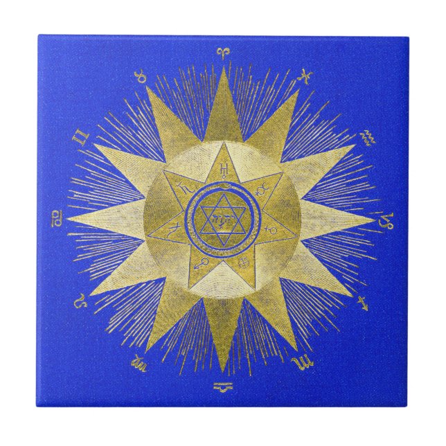 Mystical Golden Zodiac Sunburst Astrology Art Ceramic Tile (Front)
