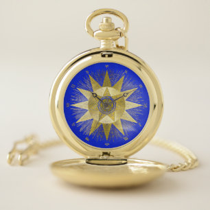 Mystical Golden Zodiac Sunburst Astrology Art Pocket Watch