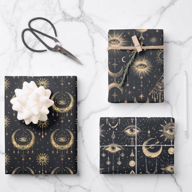 Mystical Gothic Arcane Black Gold Wrapping Paper Sheets (Front)