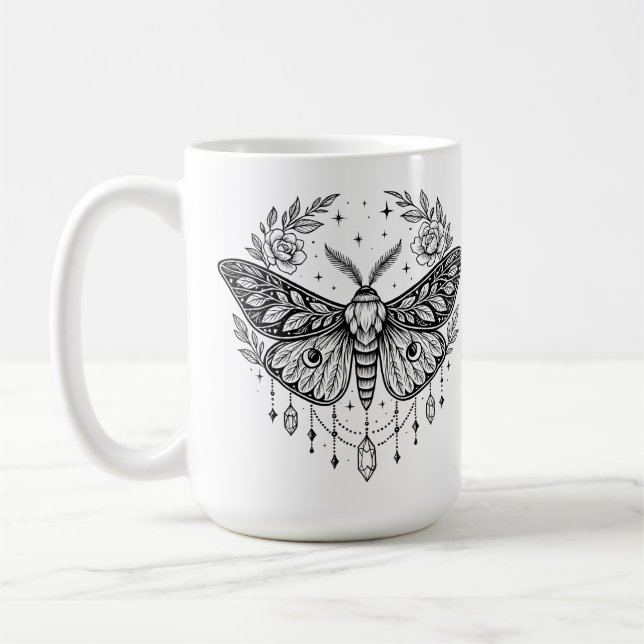 Mystical Gothic Moth Botanical Celestial Line Art  Coffee Mug (Left)