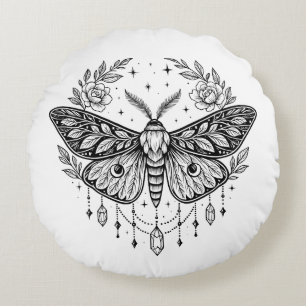 Mystical Gothic Moth Botanical Celestial Line Art Round Pillow