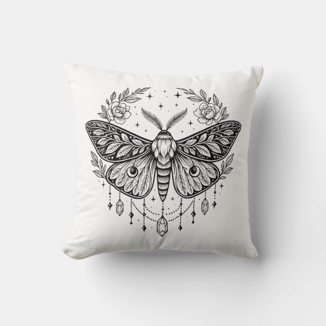 Mystical Gothic Moth Botanical Celestial Line Art  Throw Pillow (Front)