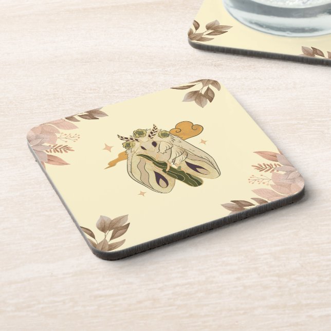 Mystical Graphic Artwork, Beige Fae Moth Beverage Coaster (Left Side)