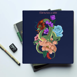 Mystical Green Chinese Dragon Floral Navy Blue 3 Ring Binder