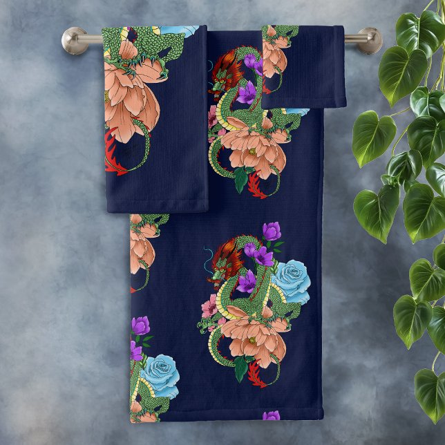 Mystical Green Chinese Dragon Floral Navy Blue Bath Towel Set (Creator Uploaded)