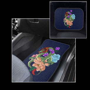 Mystical Green Chinese Dragon Floral Navy Blue Car Floor Mat