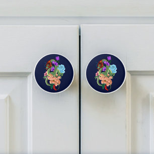 Mystical Green Chinese Dragon Floral Navy Blue Ceramic Knob