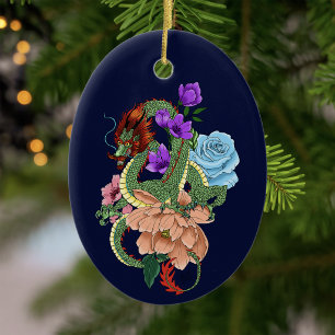 Mystical Green Chinese Dragon Floral Navy Blue Ceramic Ornament