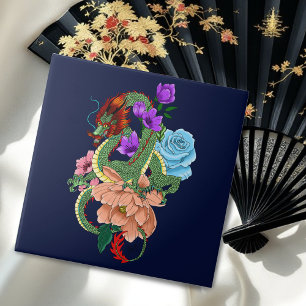 Mystical Green Chinese Dragon Floral Navy Blue Ceramic Tile