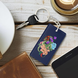 Mystical Green Chinese Dragon Floral Navy Blue Keychain