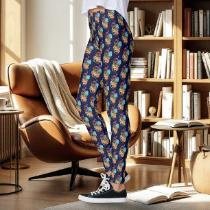 Mystical Green Chinese Dragon Floral Navy Blue Leggings