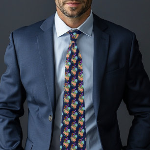 Mystical Green Chinese Dragon Floral Navy Blue Neck Tie
