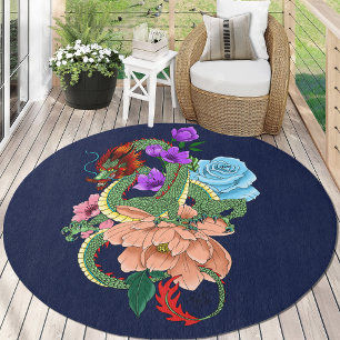 Mystical Green Chinese Dragon Floral Navy Blue Outdoor Rug