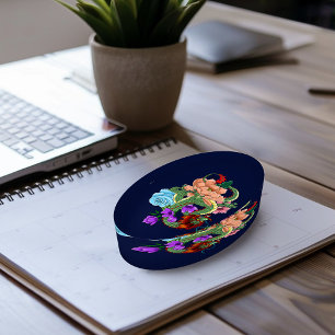 Mystical Green Chinese Dragon Floral Navy Blue Paperweight