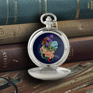 Mystical Green Chinese Dragon Floral Navy Blue Pocket Watch