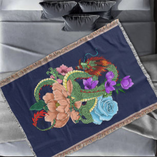 Mystical Green Chinese Dragon Floral Navy Blue Throw Blanket