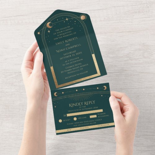 Mystical Green Gold Sun Moon Astronomy Space All In One Invitation