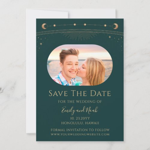 Mystical Green Gold Sun Moon Star Space Save The Date