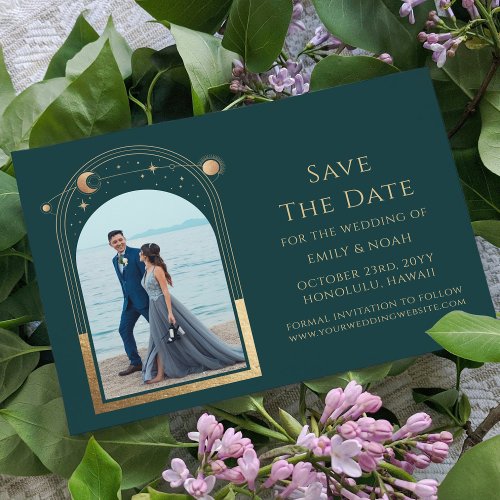 Mystical Green Gold Sun Moon Star Space Save The Date