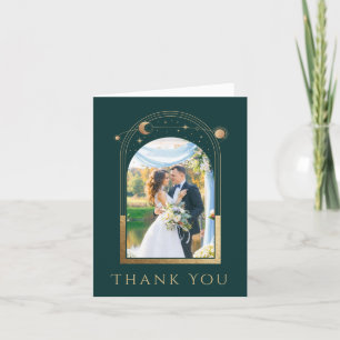Mystical Green Gold Sun Moon Stars Celestial Letterpress Thank You Card