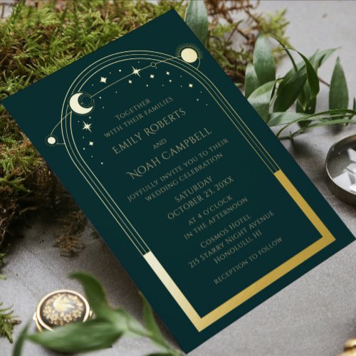 Mystical Green Gold Sun Moon Stars Photo Wedding Foil Invitation