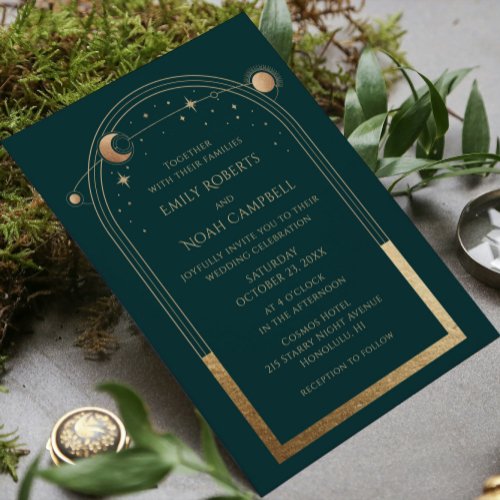 Mystical Green Gold Sun Moon Stars Photo Wedding Invitation